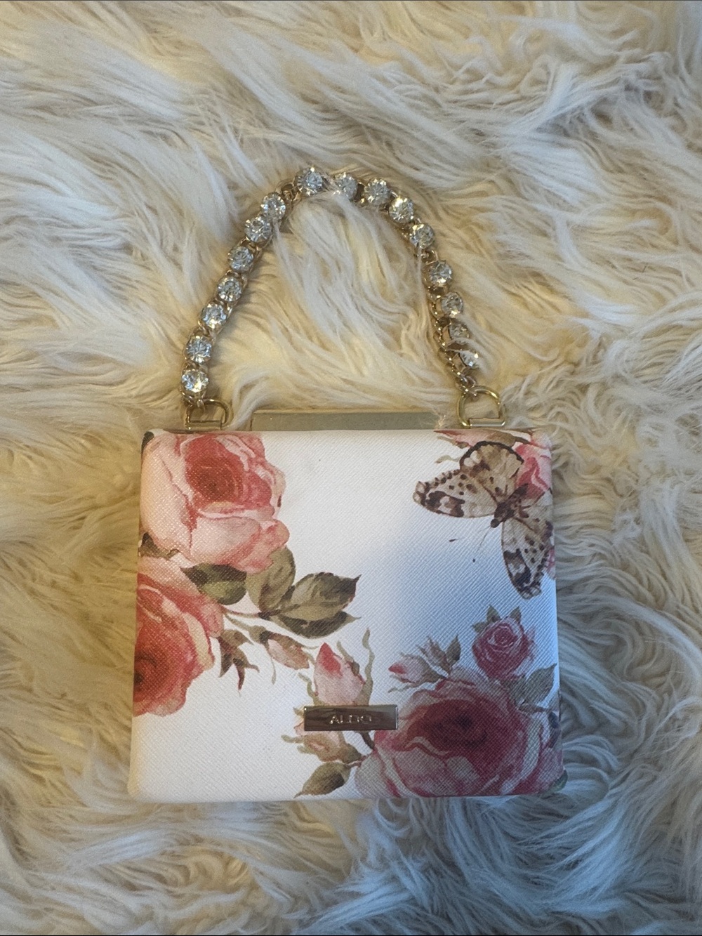 Floral Print Top-Handle Bag with Crystal Chain